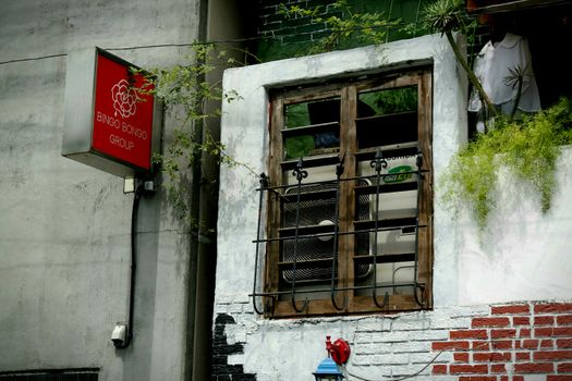 Vintage architectural facade featuring old window with plants and 'Bingo Bongo Group' sign.