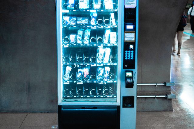Modern glass-front snack and drink vending machine in a workplace corridor
