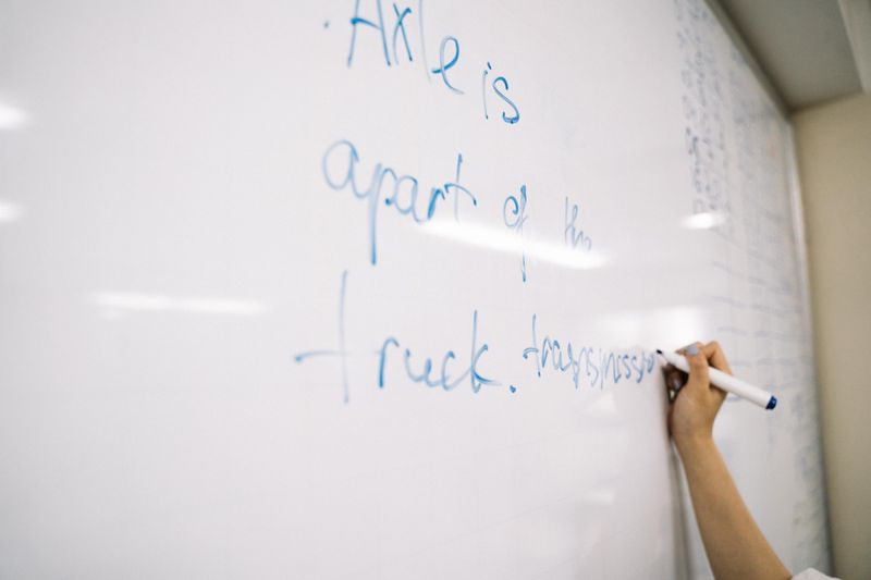 whiteboard wall covered in doodles and notes