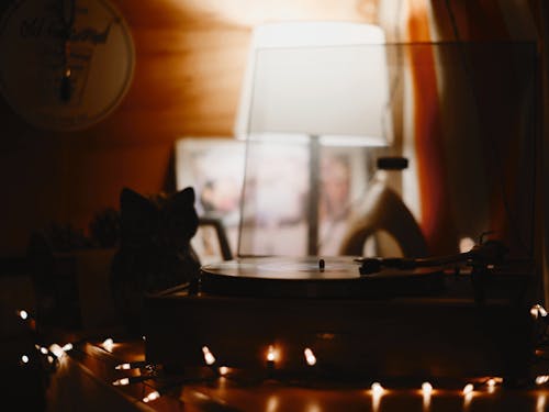 Free Vintage Phonograph Player surrounded with String Lights Stock Photo