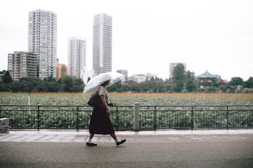 歩道を歩いて傘を持っている黒いコートの女性