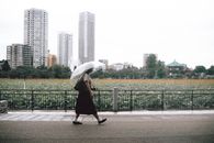 在日本东京，一名妇女撑着伞漫步于风景优美的城市公园旁