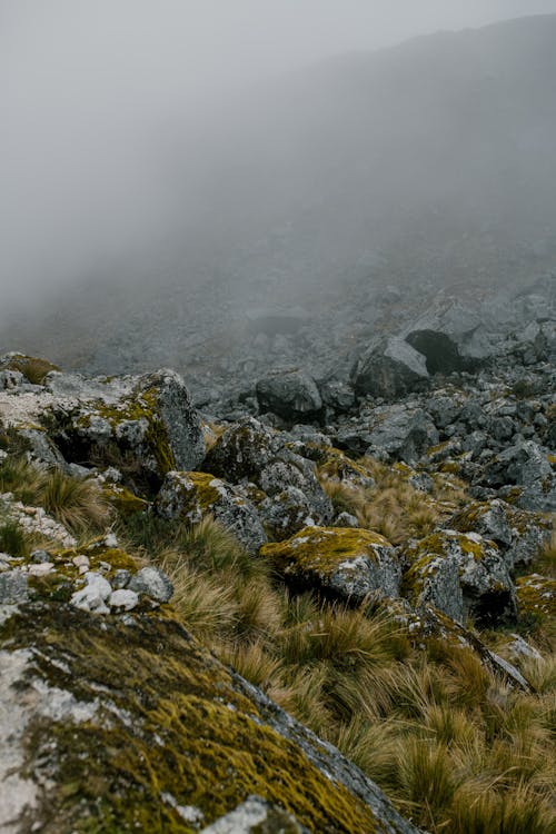 Montanha Rochosa Cinzenta Com Nevoeiro