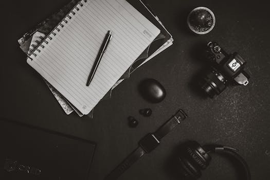 Minimalist flat lay featuring a camera, notebook, pen, headphones, and smartwatch on a dark surface.