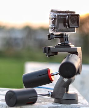 Action camera mounted on a stabilizer gimbal on a sunny day outdoors, ideal for filming and photography enthusiasts.