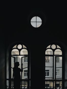 灯光昏暗的建筑内，一个人站在大拱形窗旁的剪影，营造出一种喜怒无常的氛围