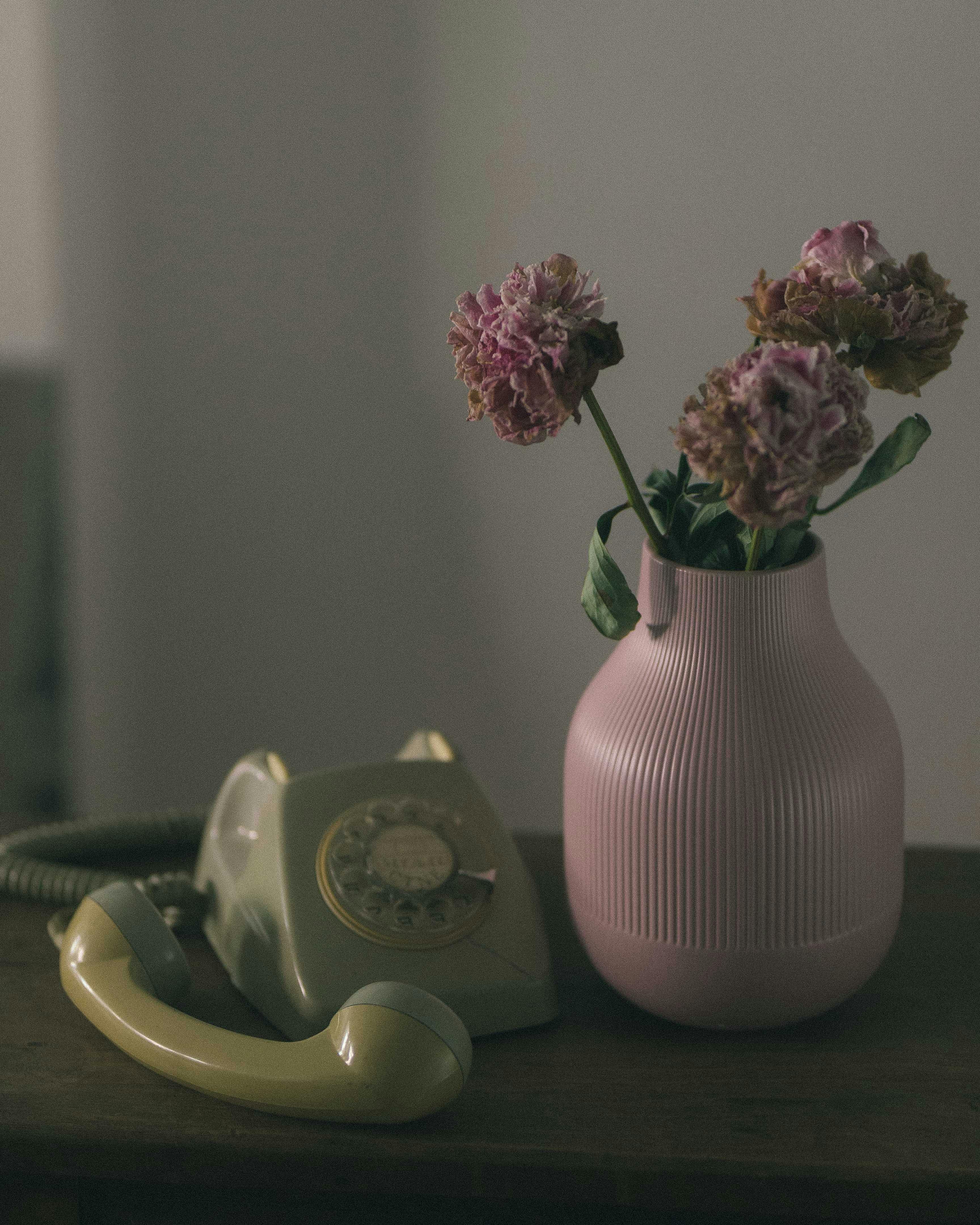 A nostalgic still life featuring a rotary phone and wilted flowers in a pastel vase.