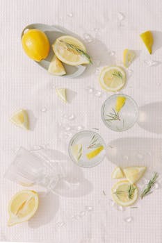 俯视白色桌子上配有迷迭香和冰块的新鲜柠檬水，其中夹着柠檬片
