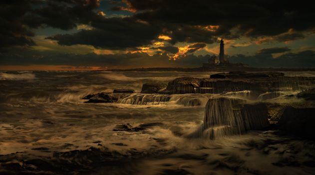 Lighthouse in Restless Sea in Storm