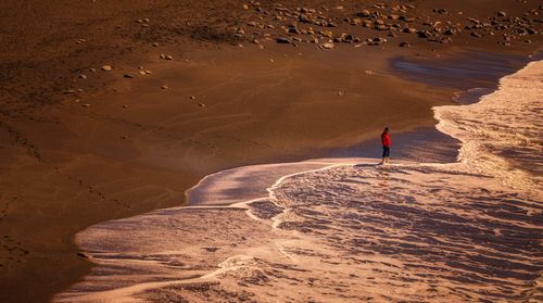 Free A lone person in red enjoys the tranquil seacoast at sunset, waves gently lapping at their feet. Stock Photo