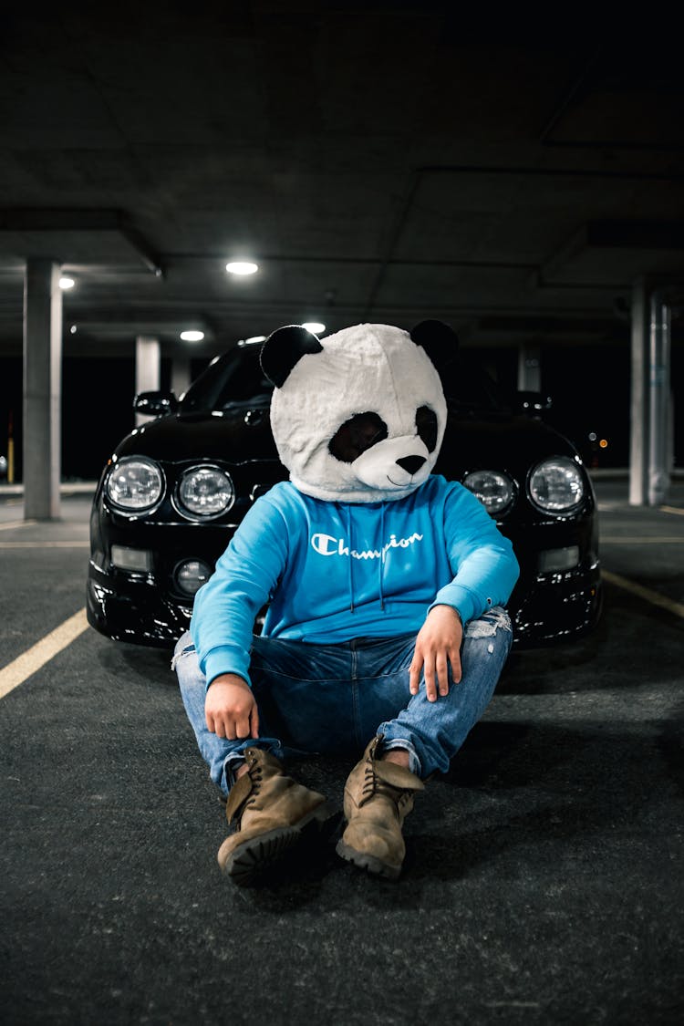 Unrecognizable Man In Panda Head Near Car