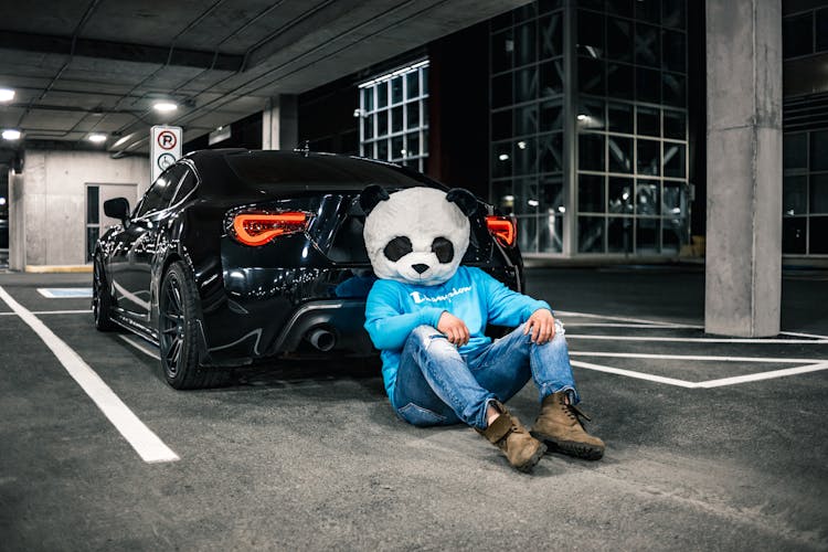 Unrecognizable Man In Panda Head Sitting Near Car