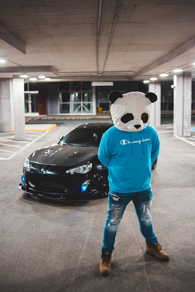 Anonymous Man In Panda Head On Parking