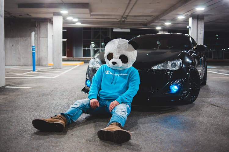 Unrecognizable Man In Panda Head Near Car