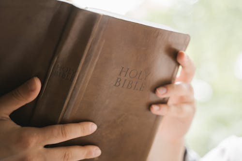 Free Person Holding Brown Holy Bible Stock Photo