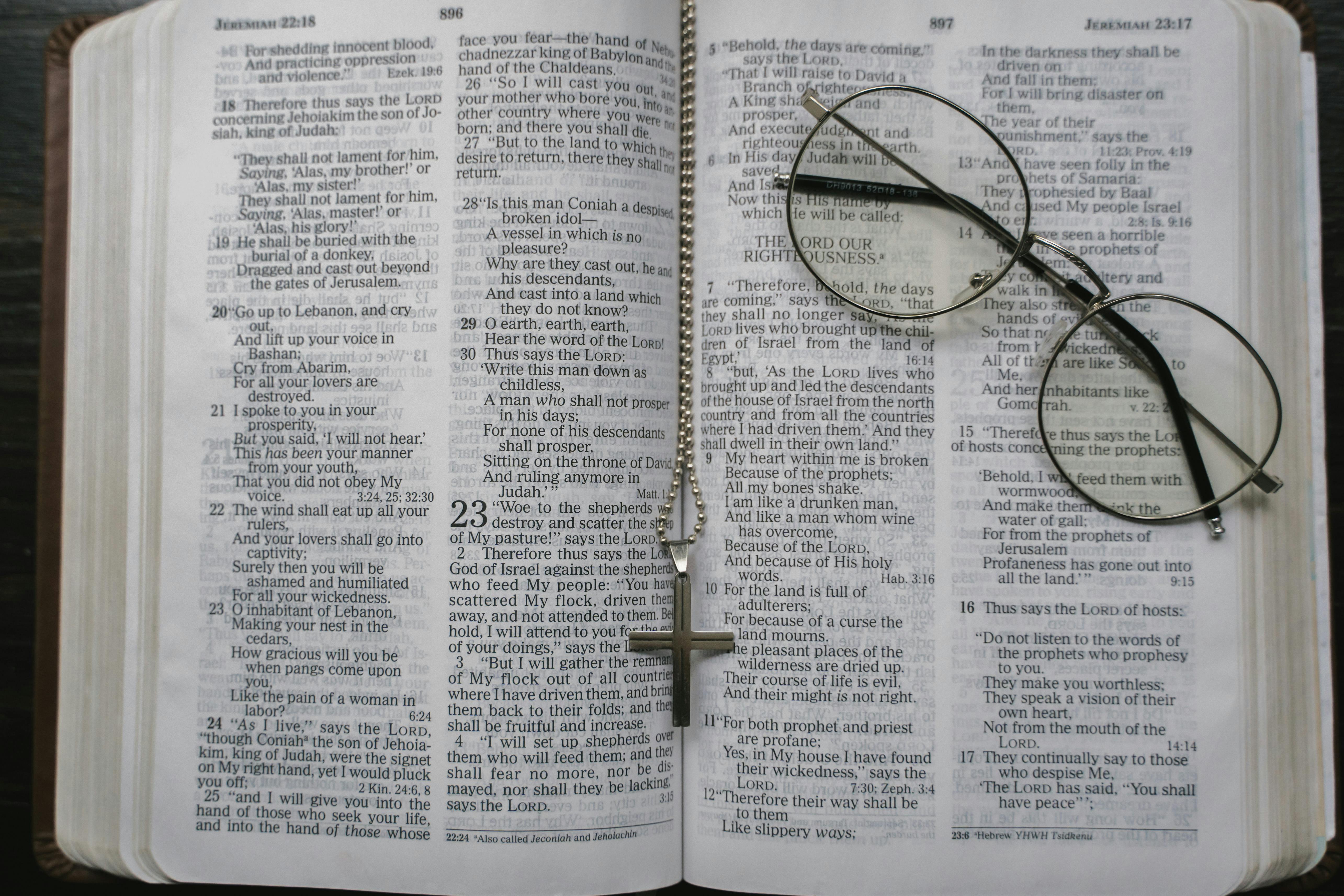 eyeglasses and cross on an open book