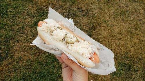Free Close-up of a hot dog with cheese and pickles held outdoors on grass. Stock Photo