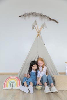 两个女孩在室内的游戏帐篷旁坐着，一边吃零食一边享受友谊