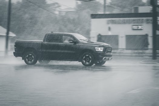 A pickup truck drives through a city street during heavy rainfall, showcasing dynamic motion.