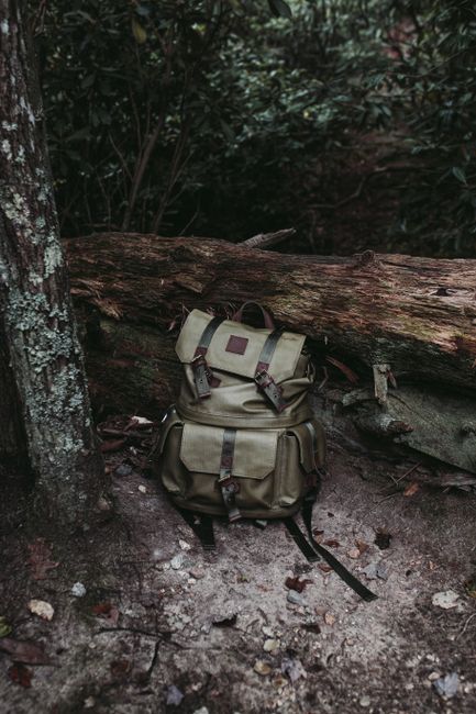 A classic backpack resting on the forest floor beside a mossy log, ideal for hiking themes.