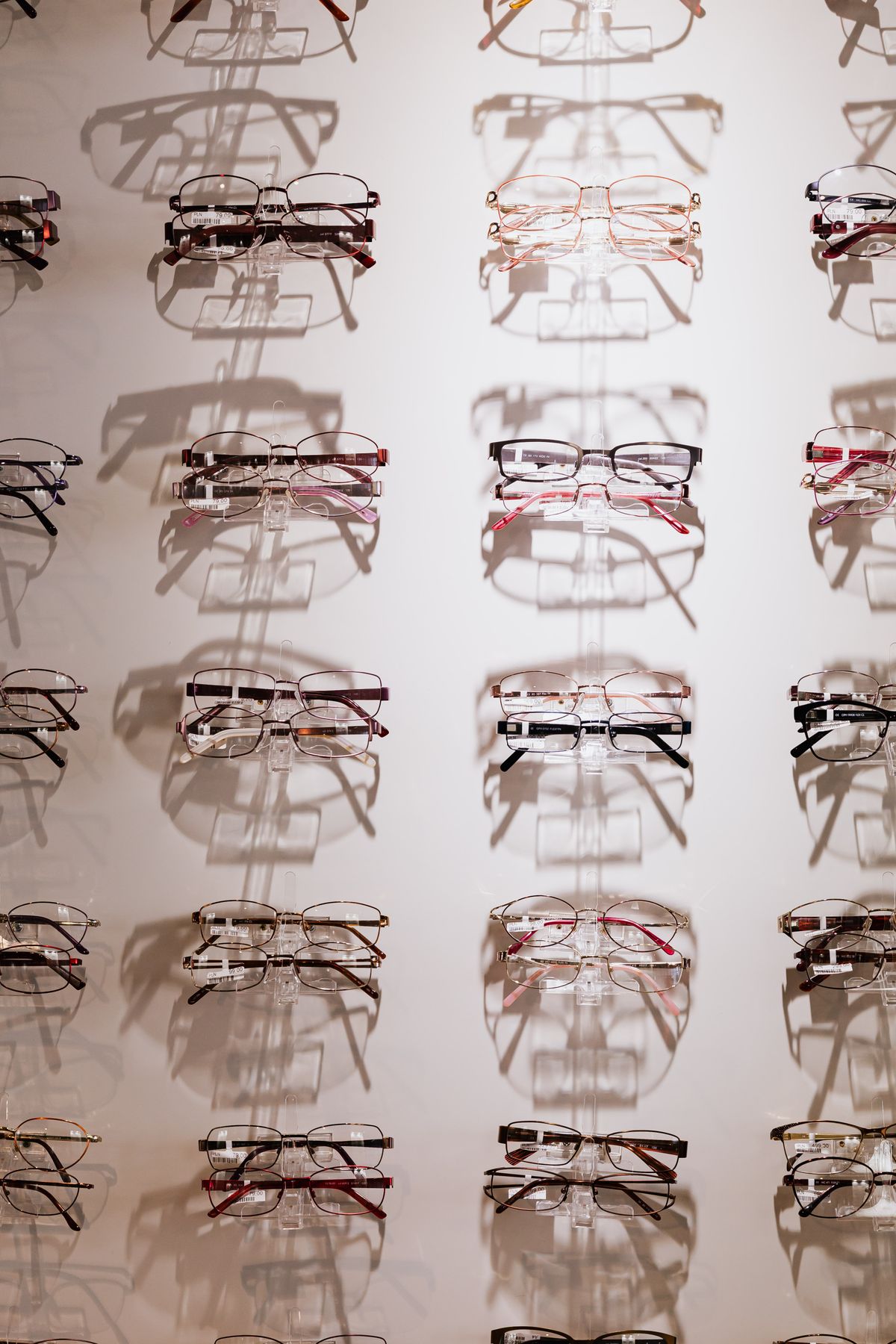 A full wall of eyeglass frames