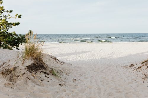 Free Tranquil beach scene with sand dunes and ocean waves on a clear day. Stock Photo