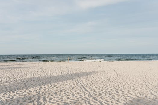 Serene view of a sandy beach with gentle ocean waves under a clear sky.