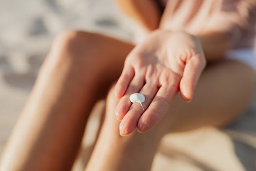 A woman’s hand holding a small seashell on a sunny, sandy beach.
