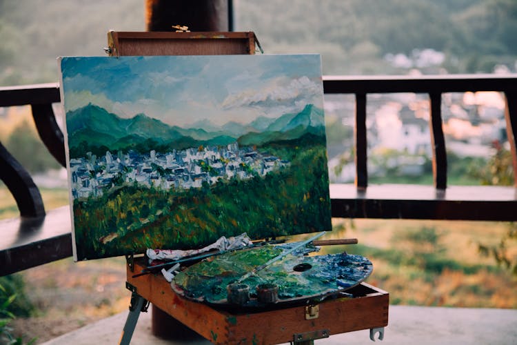 Oil Painting Representing Buildings And Mountains In Pavilion