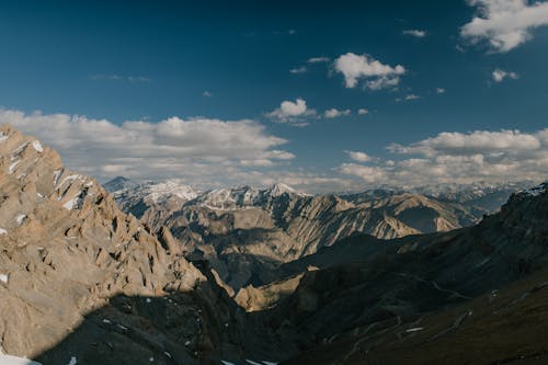 Scenic view of high mounts with snowy peaks and shades under sky with clouds in daylight