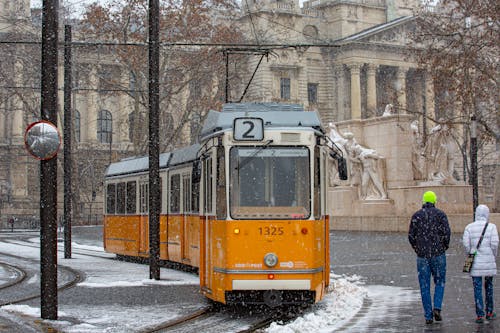 Yellow and White Tram on Snow Covered Ground
