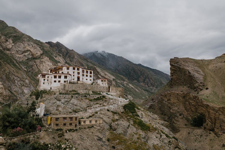 Picturesque Mountainous Valley With Ancient Buddhist Monastery On Cloudy Day