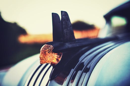 Close-up of a classic Pontiac hood ornament glowing at sunset in Santa Maria.