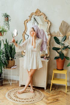 Woman in bathrobe with head towel looking in mirror, enhancing morning beauty routine.