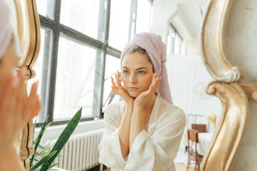 A woman in a white robe with a head towel gazes at her reflection, emphasizing self-care.