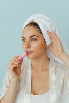 Woman with towel on head applying lipstick, wearing a white robe against blue background.