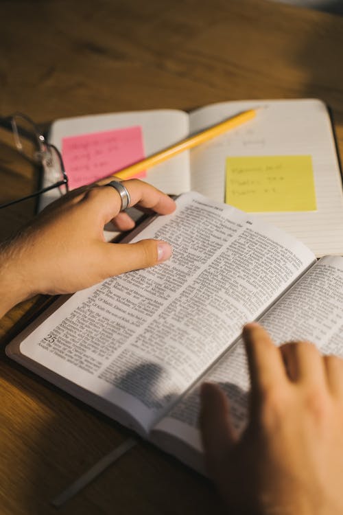 Close-Up Shot of a Person Reading a Bible