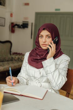 Young woman in a hijab multitasks by talking on a phone and writing in a notebook indoors.