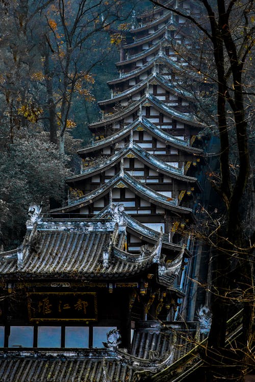 Japanese Temple Built on Mountain Side