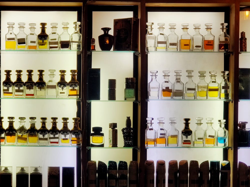 Shelves with Perfume Bottles