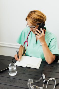 A female doctor in scrubs taking notes and talking on the phone in a clinic setting.