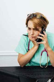 Worried medical professional in scrub suit talking on phone at desk.