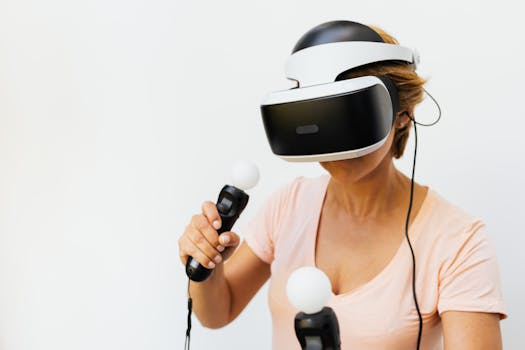 Adult woman gaming with VR headset and controllers on a white background.