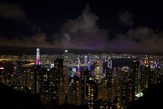 Breathtaking view of Hong Kong's illuminated skyline showcasing a vibrant urban nightscape.