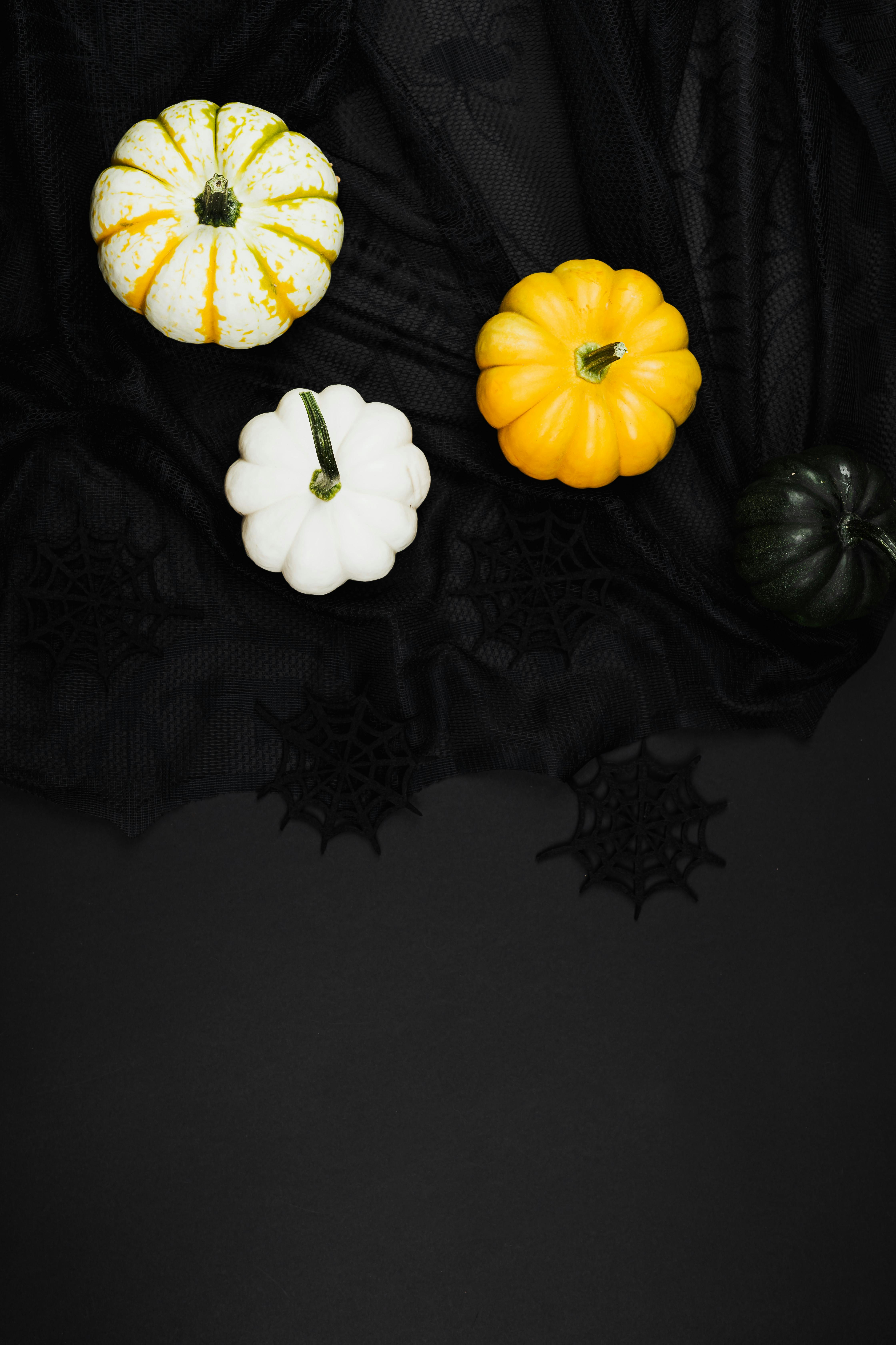 黑色背景上，充满活力的南瓜与蜘蛛网相映成趣，尽显完美的万圣节主题