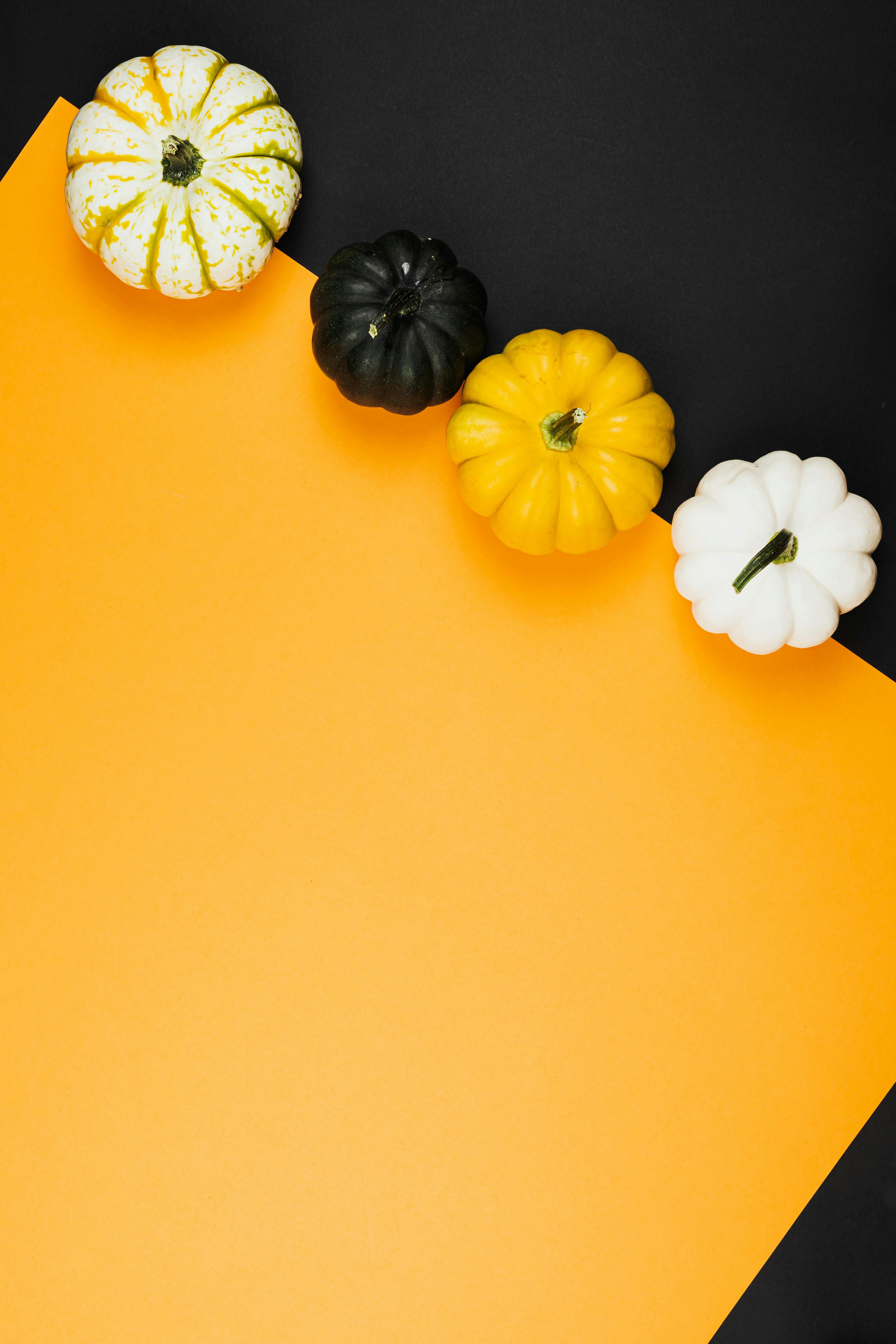 黑色背景上，橙色纸上的四个装饰南瓜，呈现出完美的季节性和万圣节主题