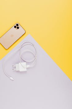 Flat lay of a smartphone and charger on a yellow background, showcasing modern tech aesthetics.