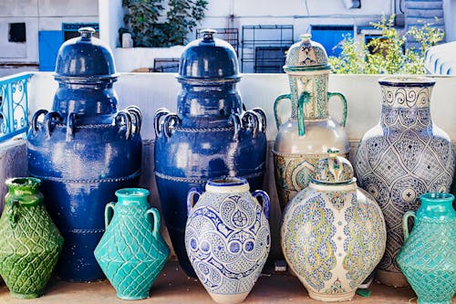 Close-Up Shot of Blue and White Ceramic Vases