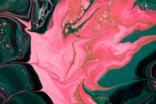 Dynamic abstract fluid art in bold pink and green hues, creating a vivid visual texture.