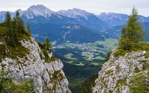 Rocky cliffs covered with firs near valley